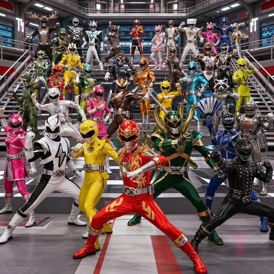 密集戦隊！ゴヒャクゴジュウゴレンジャーのキービジュアル。色とりどりのスーツを着た戦隊ヒーローが隙間なく密集して並ぶ集合絵